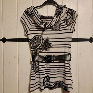 HeartSoul Womens Top Belted Striped Paisley Cowl Neck Size Small